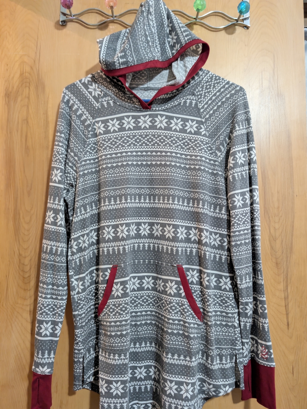 Cuddl Duds Gray and Burgundy Hooded Nordic-Pattern Sweater